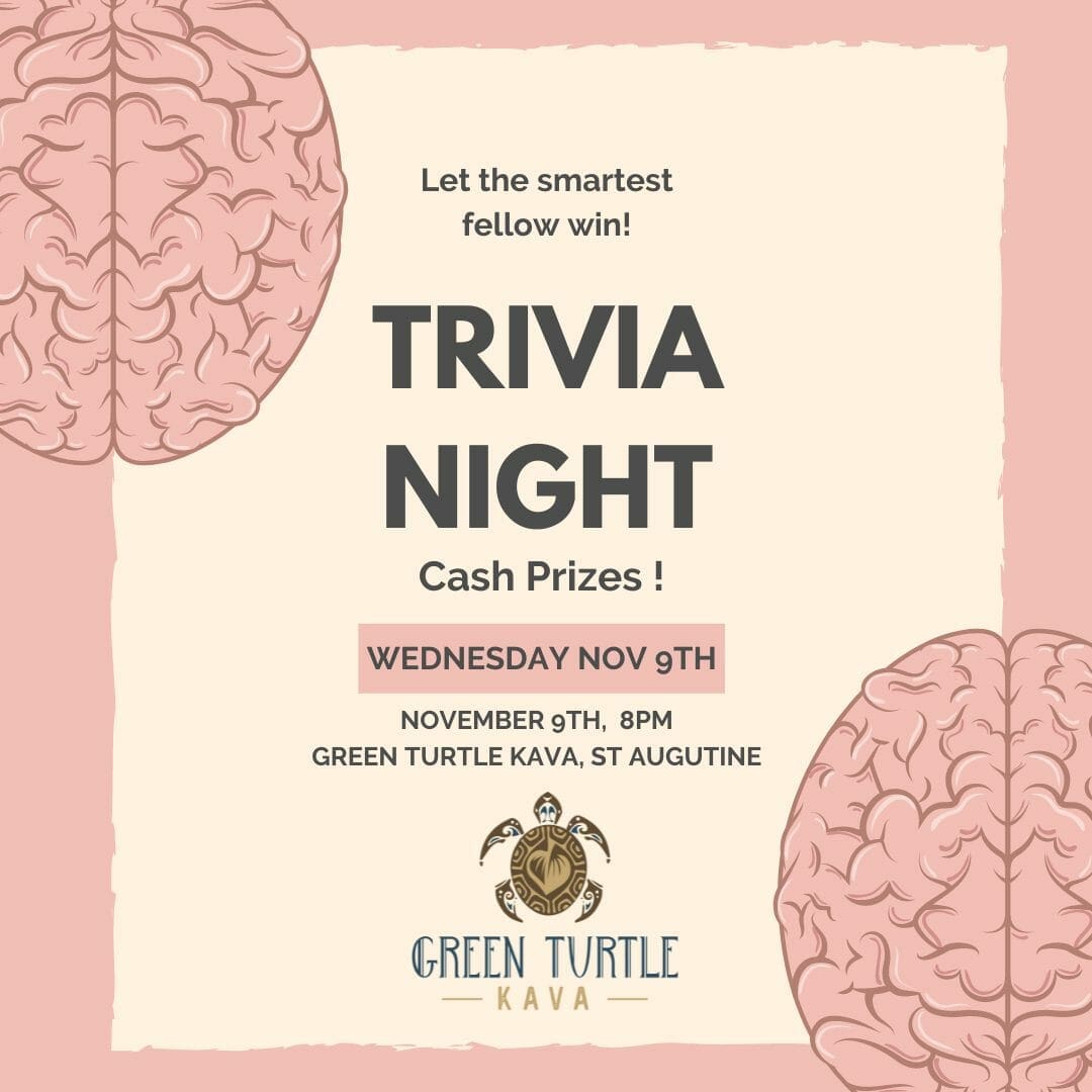 trivia night at Green Turtle Kava St Augustine on Wednesday November 9th