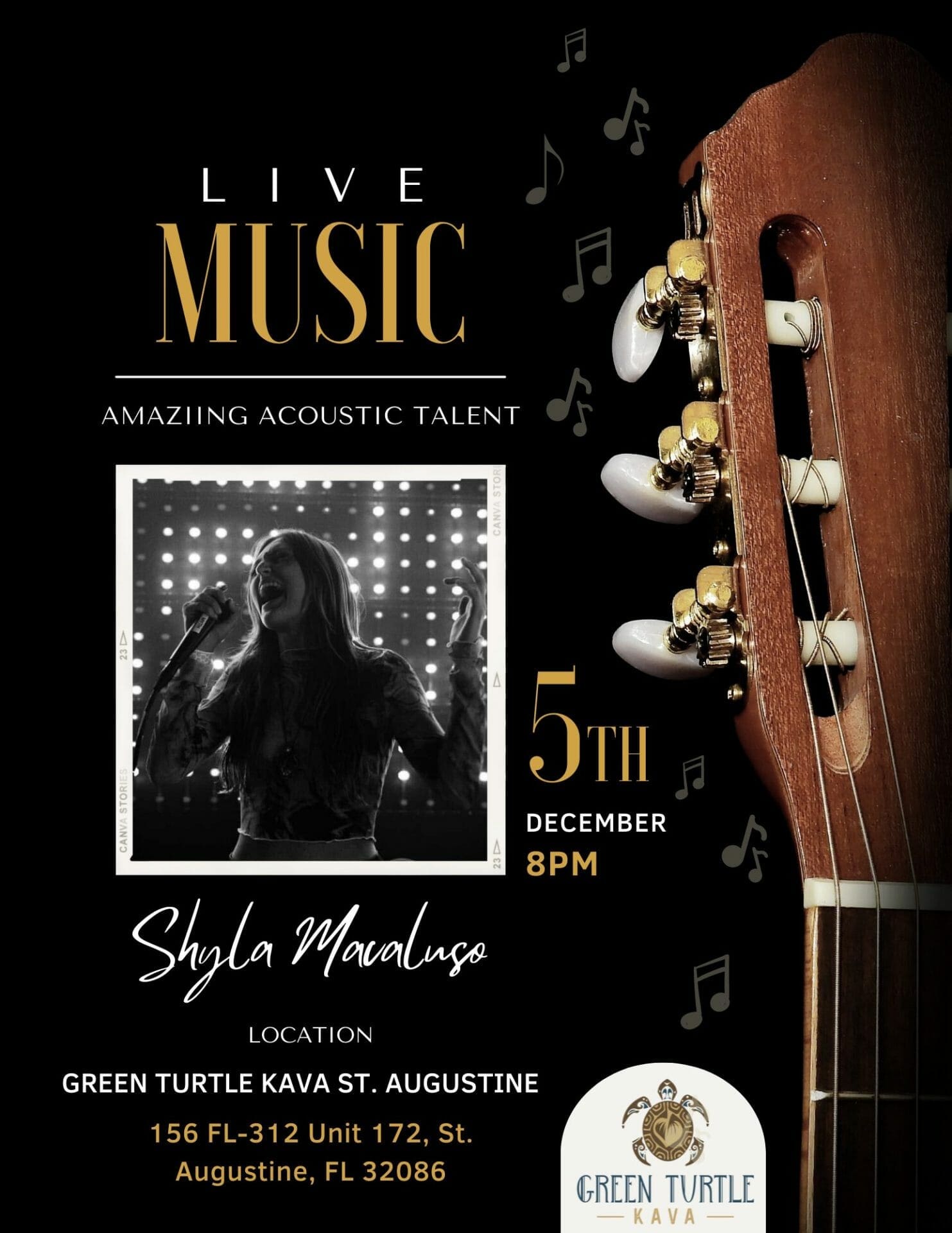 Informational Flyer advertising a live musician named shyla playing on December 5th 2022 at green turtle kava St Augustine